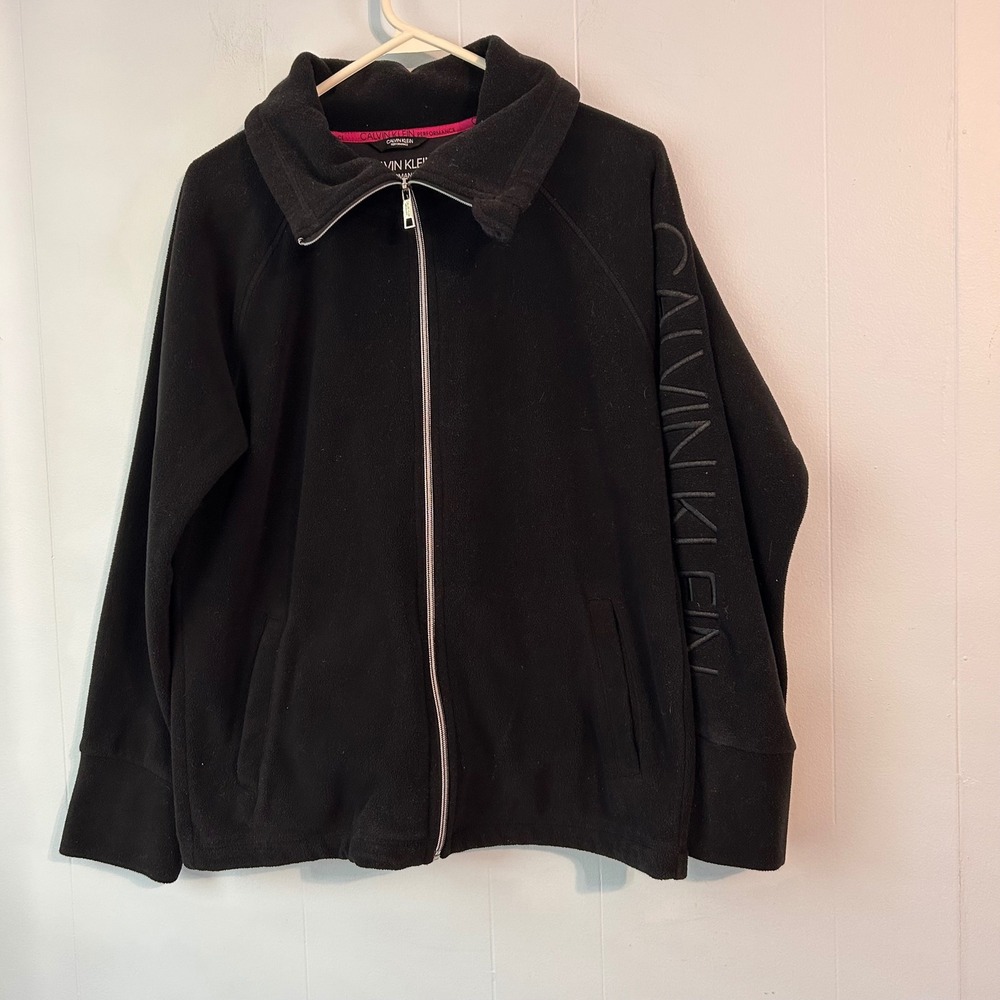 Calvin Klein Performance Womens Black Fleece Full Zip Logo Sleeve Jacket Large